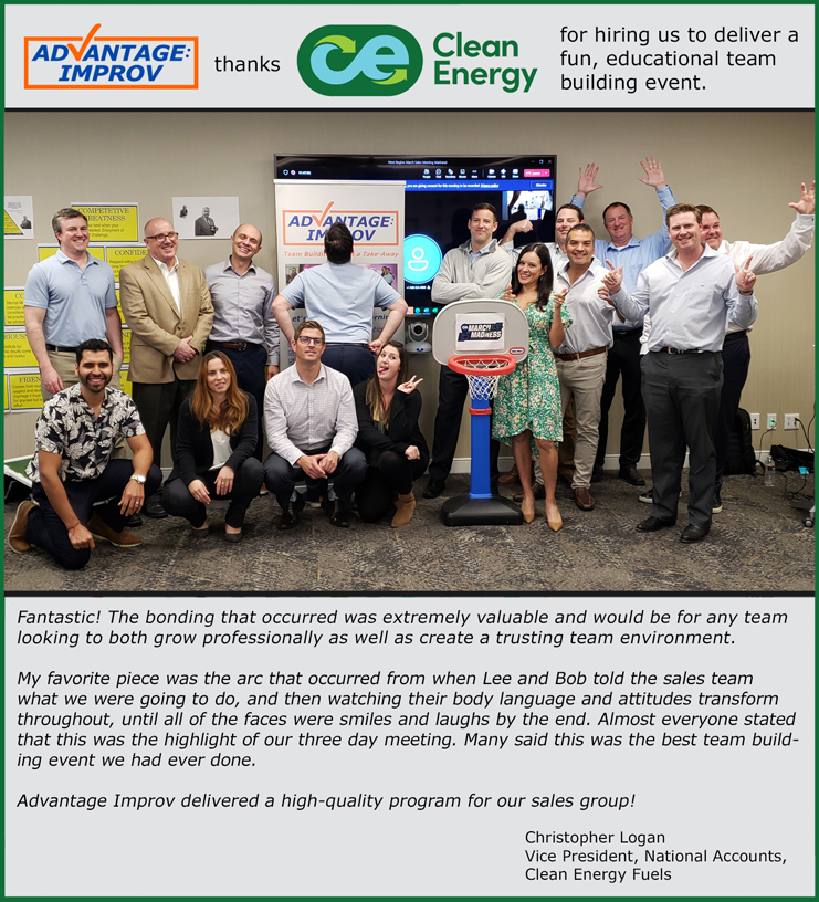 Clean Energy Fuels testimonial about Advantage Improv Zoom event